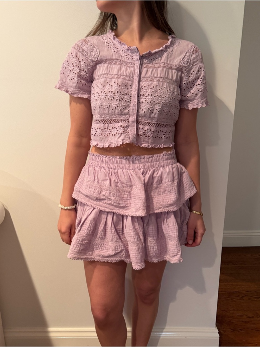 LoveShackFancy Lavender Eyelet Tiered Mini Skirt and Top